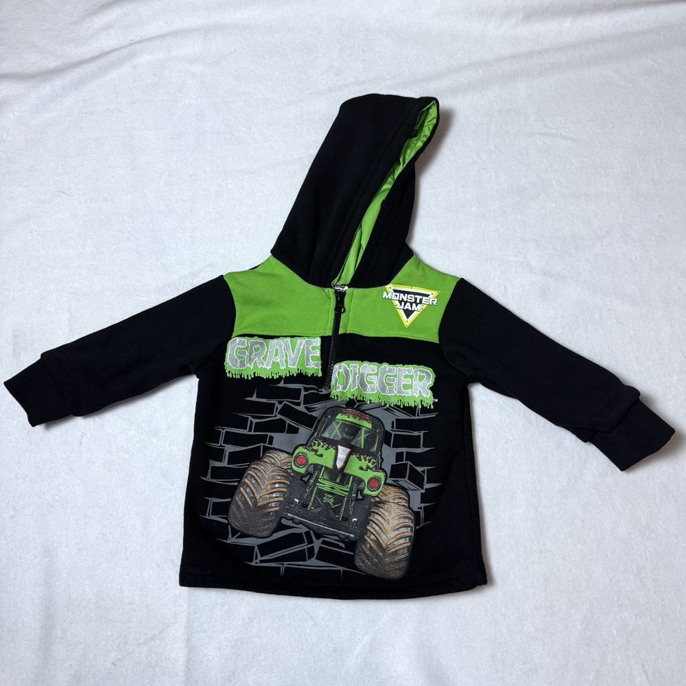 Monster Jam Grave Digger Boys 2T 1/2 Zip Sweatshirt Green Black Hooded Truck